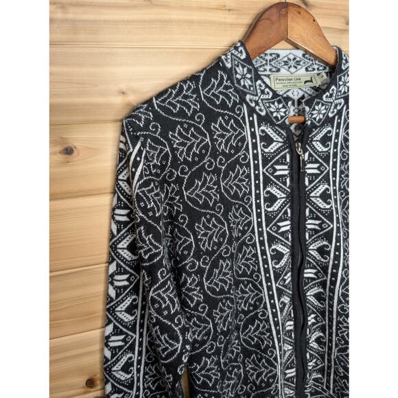 Peruvian Link Sweater Womens Large Black White Patterned Zip Front Cardigan - Picture 3 of 11